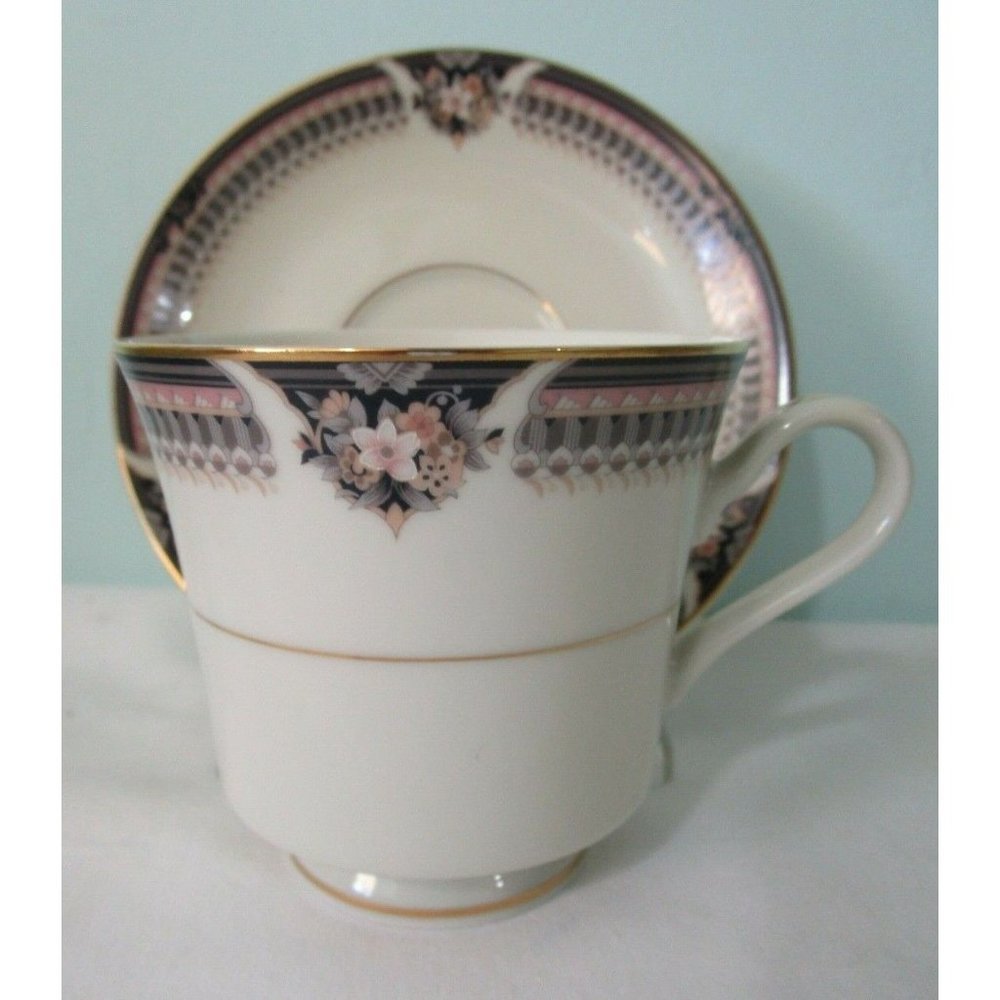 Mikasa Gallia L2855 Grande Ivory Cup & Saucer Pink Grey Brown Art Deco Floral
